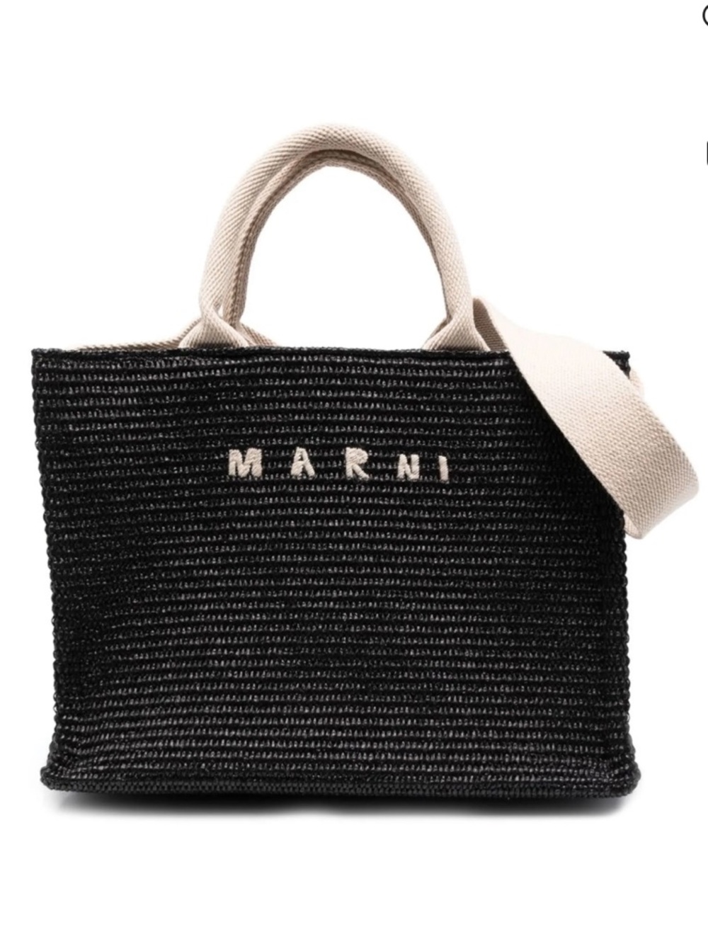 Marni Black Raffia Tote with Cream Handles and Strap